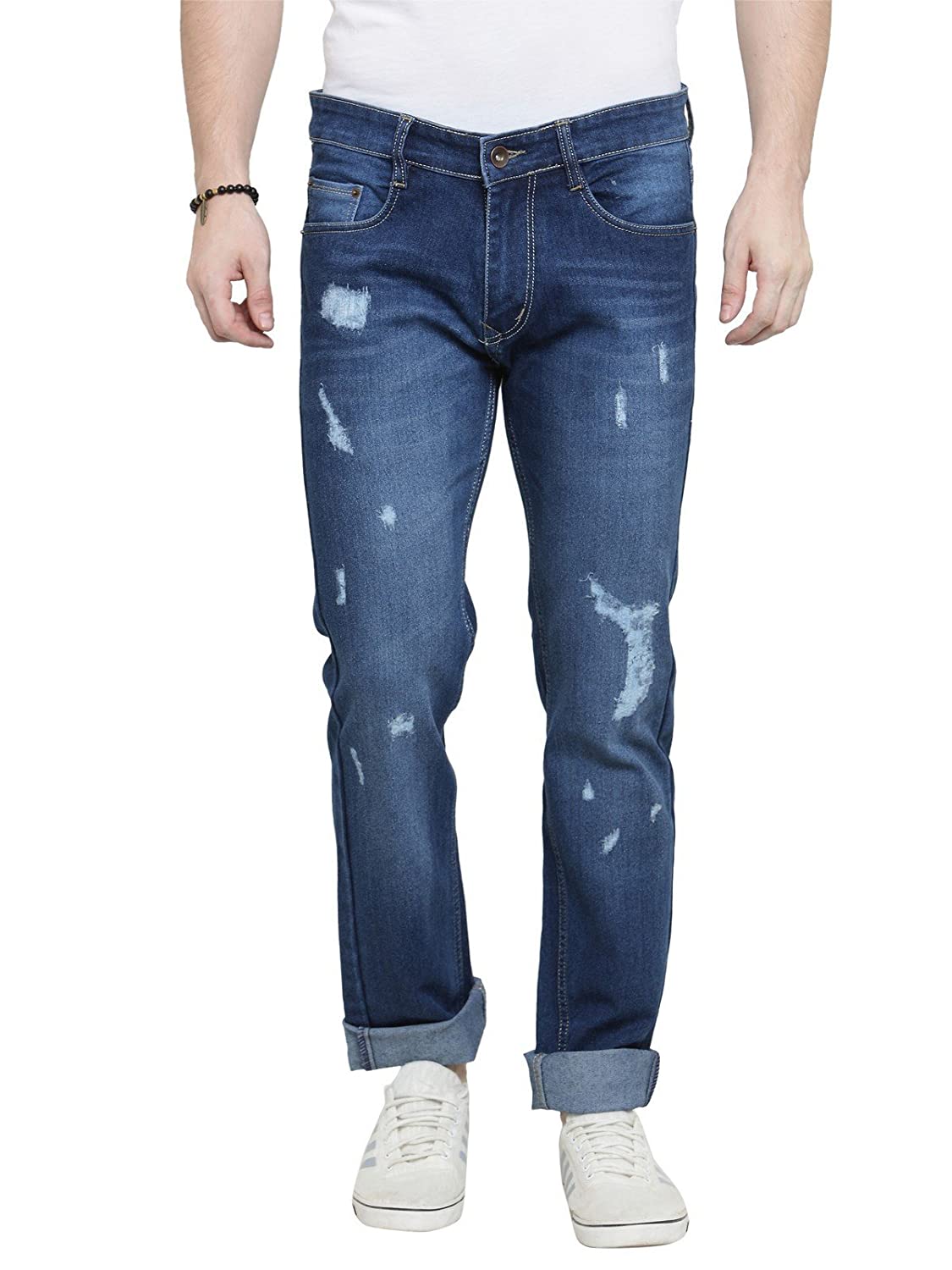 Fashion Men's Black Slim Fit Brown Knee Patched Washed Jeans Stretch